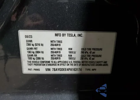 2023 Tesla Model Y из США, поврежденный, VIN 7SAYGDEE4PA163174